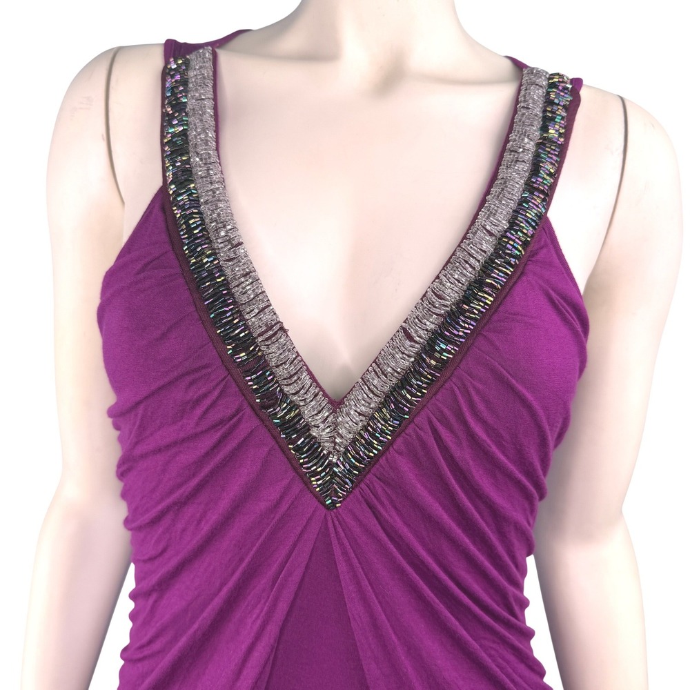 Y2K Sparkly‎ Purple Beaded V-Neck Ruched Sleeveless Top Size Large Made USA